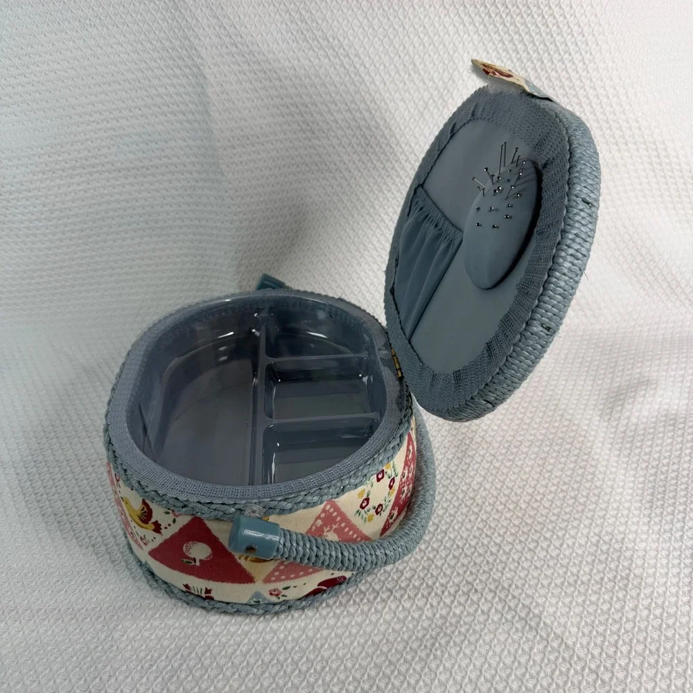 Vintage Oval Sewing Basket Blue Wicker Trim Patchwork Bird Print with Tray